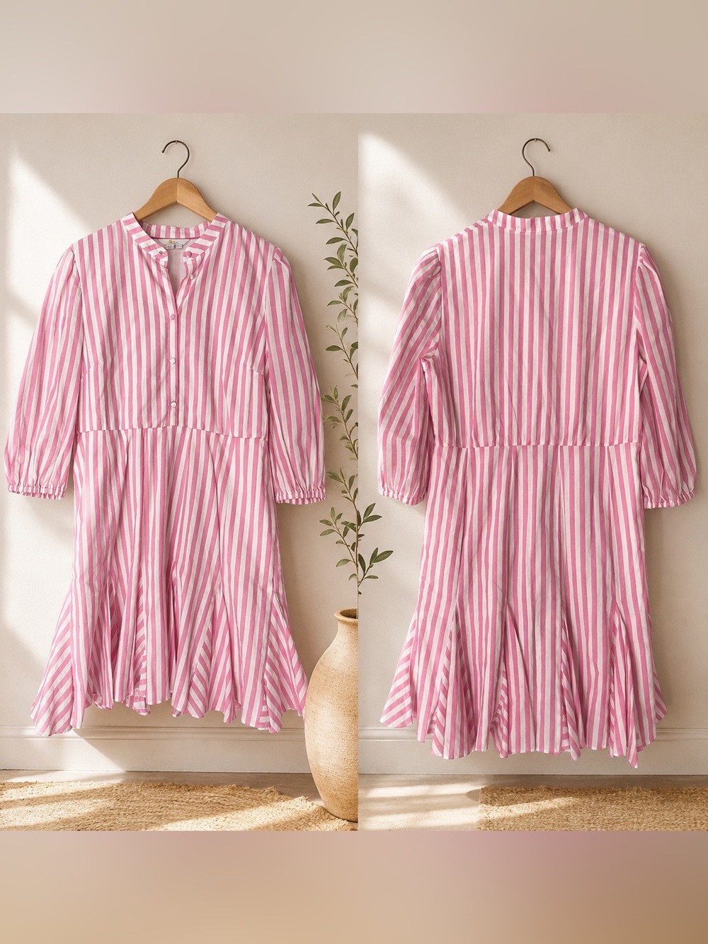 Boden Pink & White Stripe Ruffle Hem Shirt Dress | US 10 | Cotton - Picture 2 of 3